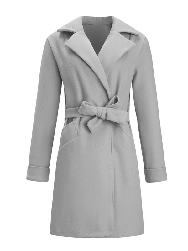 Women's Stylish Solid Color Classy Collared Overcoat With Waist Tie And Hand Pockets